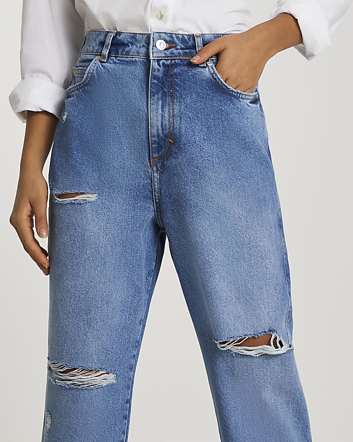 Blue ripped high waisted tapered jeans
