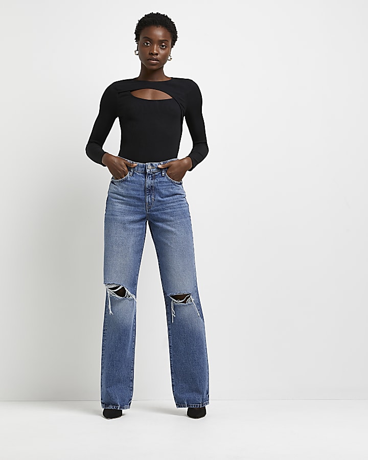 Blue ripped high waisted wide leg jeans