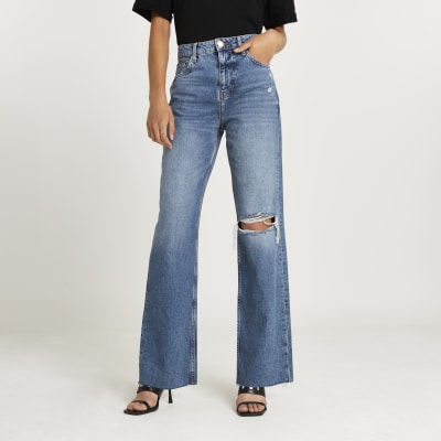 dark blue high waisted wide leg jeans