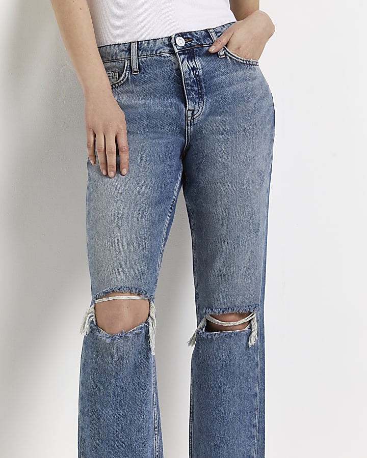Blue ripped low rise straight jeans
