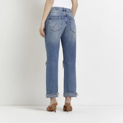 Blue ripped low rise straight jeans River Island