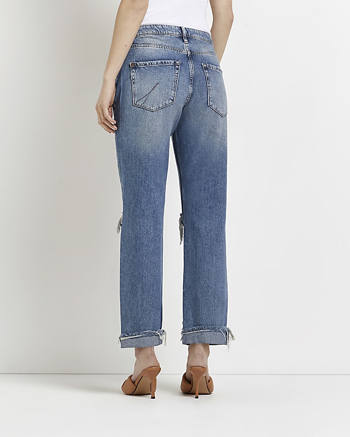 Blue ripped low rise straight jeans