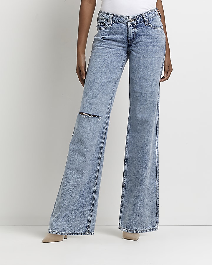 Blue ripped low rise wide leg jeans