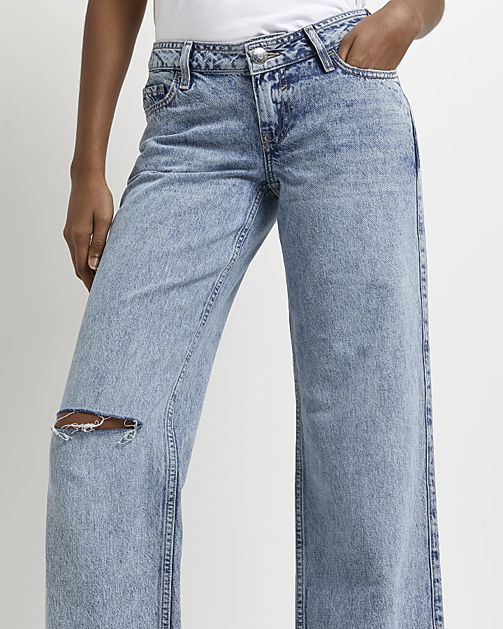 Blue ripped low rise wide leg jeans