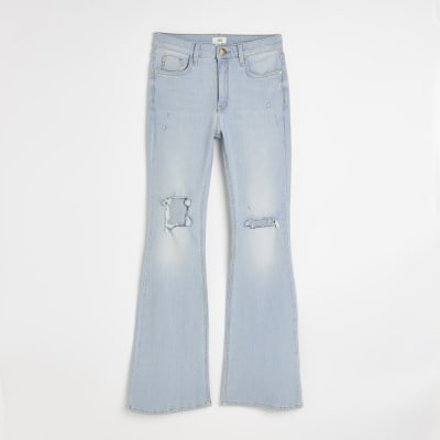 Blue ripped mid rise flared jeans