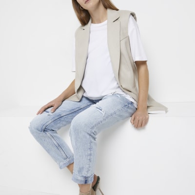 Blue ripped mid rise maternity mom jeans River Island