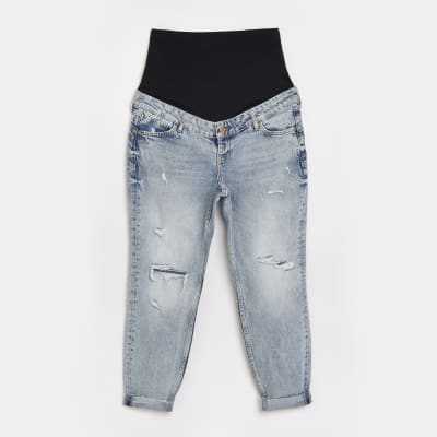 Blue ripped mid rise maternity mom jeans River Island