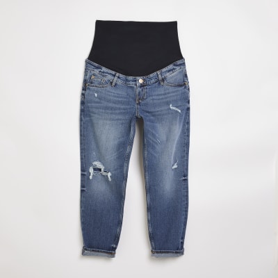 Blue ripped mid rise maternity mom jeans River Island