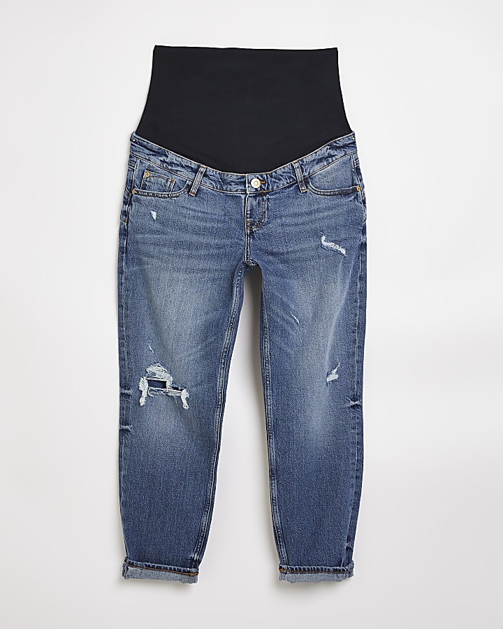 Blue ripped mid rise maternity mom jeans
