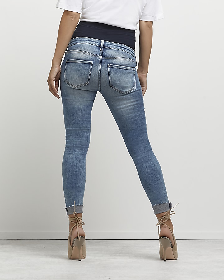 Blue ripped mid rise maternity skinny jeans