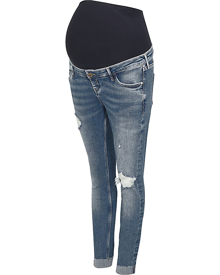 Blue ripped mid rise maternity skinny jeans