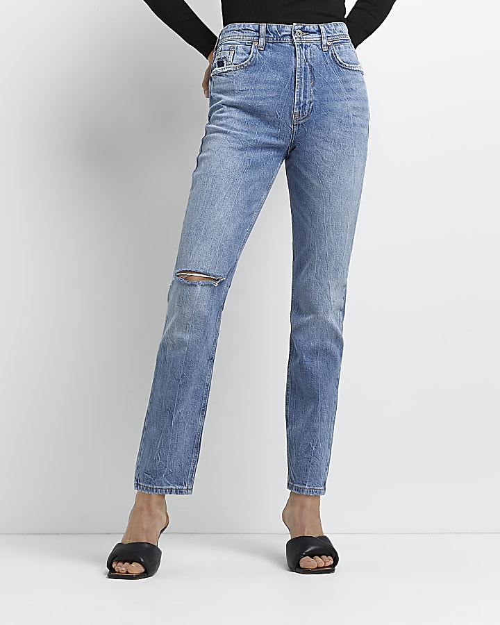 Blue ripped mid rise slim fit jeans