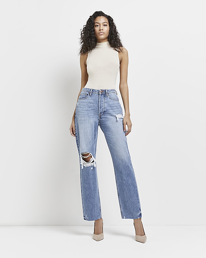Blue ripped mid rise straight jeans