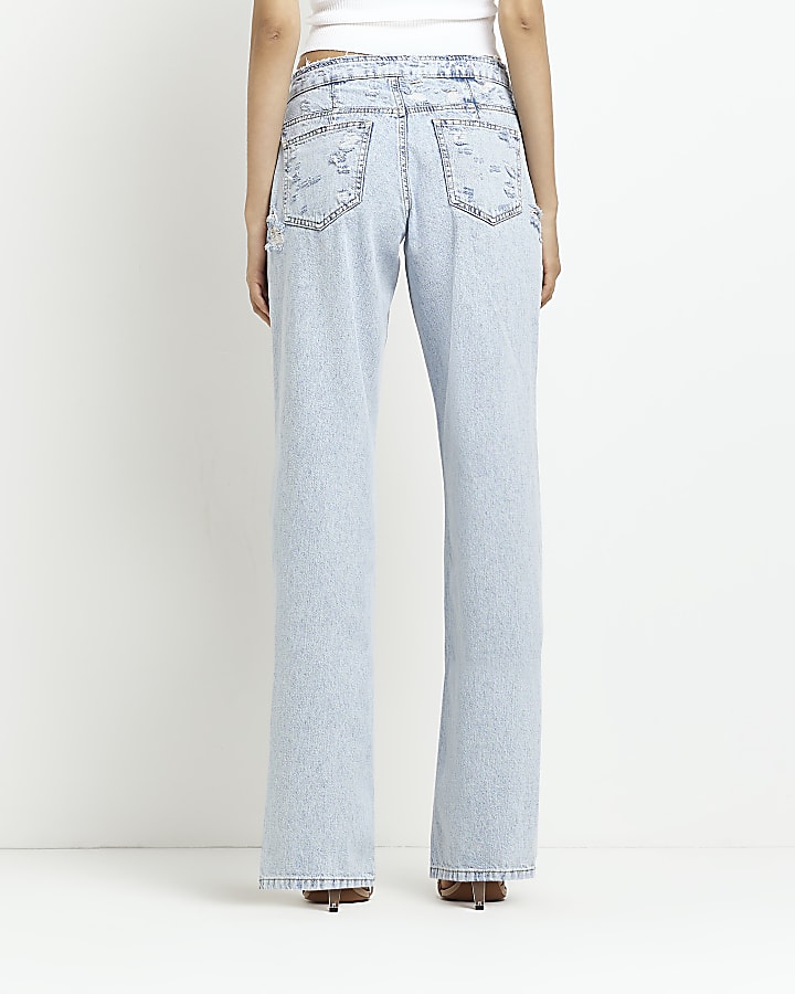 Blue ripped mid rise straight leg jeans