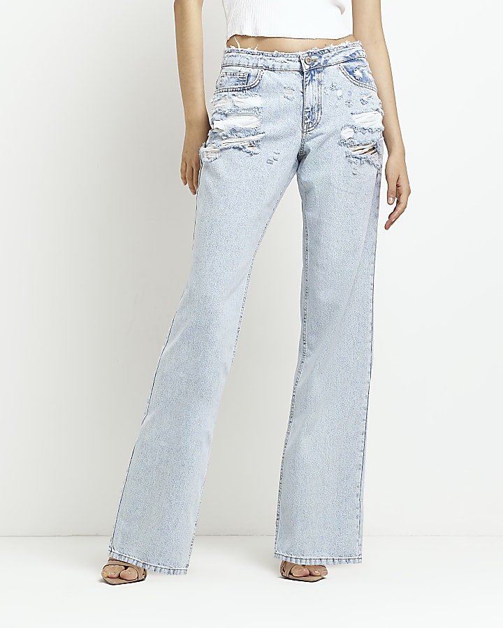 Blue ripped mid rise straight leg jeans