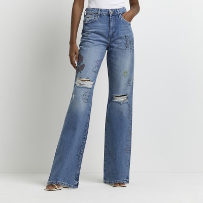 Blue ripped mid rise wide leg jeans | River Island