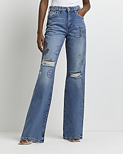 Blue ripped mid rise wide leg jeans