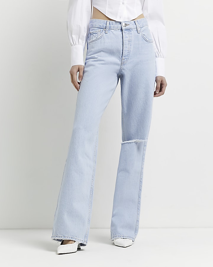 Blue ripped mid rise wide leg jeans