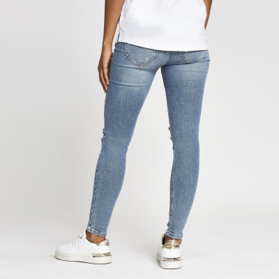 Blue ripped Molly overbump maternity jeggings