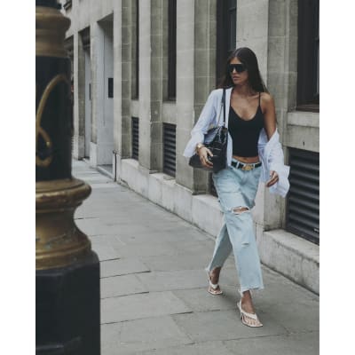 Blue Ripped Raw Hem Barrel Leg Jeans