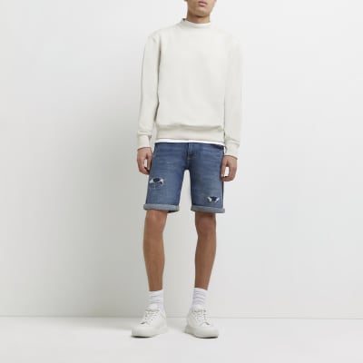 Blue ripped skinny fit denim shorts | River Island