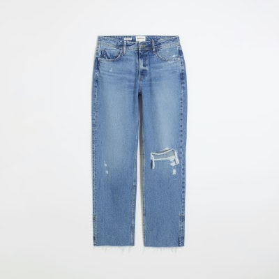 Blue ripped straight leg jeans | River Island