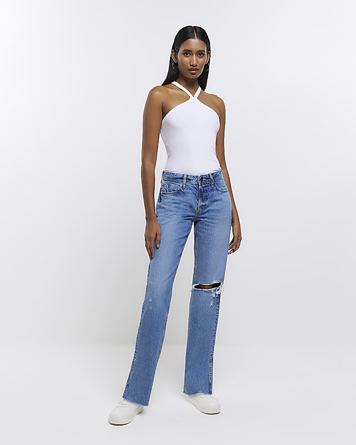 Blue ripped straight leg jeans | River Island