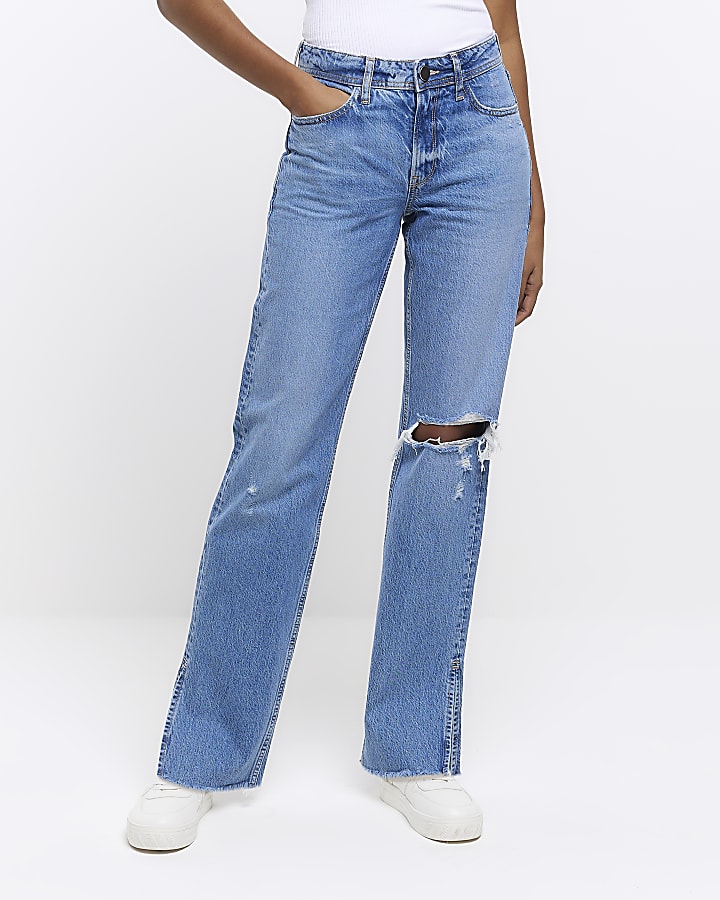 Blue ripped straight leg jeans | River Island