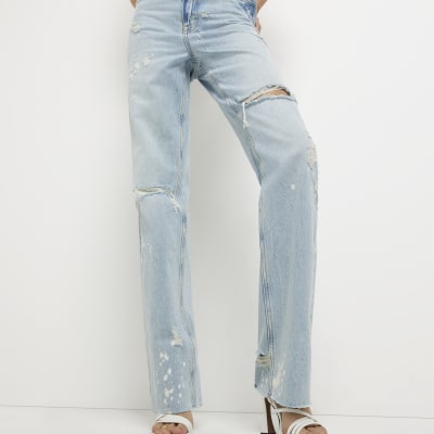Blue ripped straight leg jeans River Island