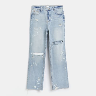 Blue ripped straight leg jeans