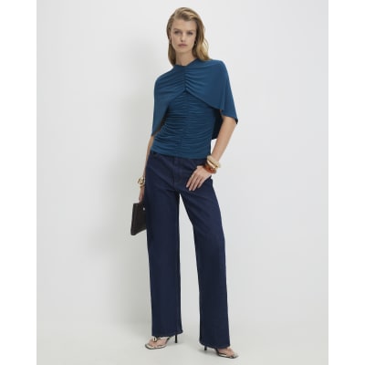 Blue Ruched Cape Front Top