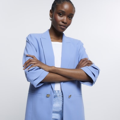 Blue ruched sleeve blazer | River Island