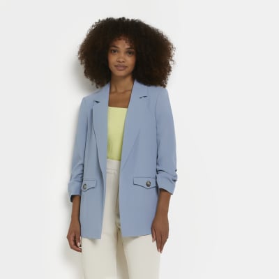 Blue ruched sleeve blazer | River Island