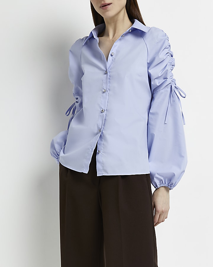 Blue ruched sleeve shirt
