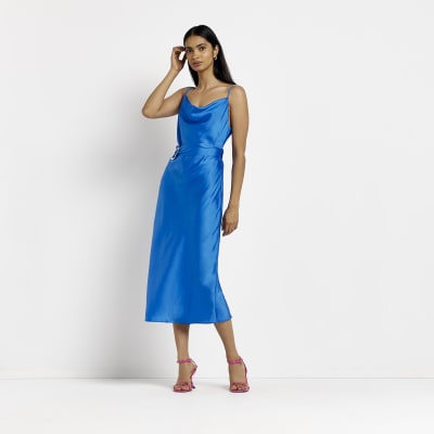 midi blue satin dress