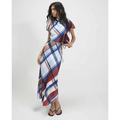 Satin Check Print Maxi Dress