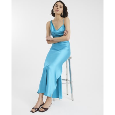 Blue Satin Cowl Neck Maxi Slip Dress | River Island