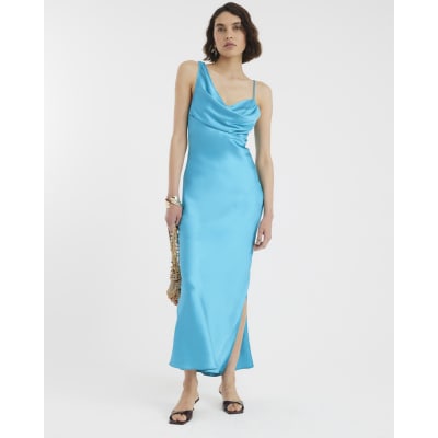 Blue Satin Cowl Neck Maxi Slip Dress