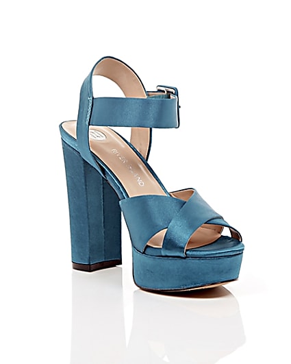 360 degree animation of product Blue satin cross strappy platform heels frame-6