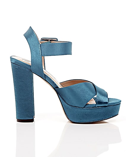 360 degree animation of product Blue satin cross strappy platform heels frame-9