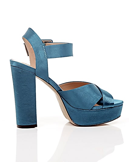 360 degree animation of product Blue satin cross strappy platform heels frame-10