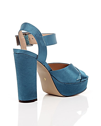 360 degree animation of product Blue satin cross strappy platform heels frame-12