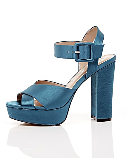 360 degree animation of product Blue satin cross strappy platform heels frame-22