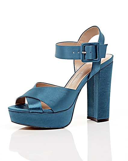 360 degree animation of product Blue satin cross strappy platform heels frame-23