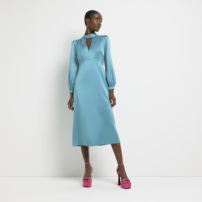 midi blue satin dress