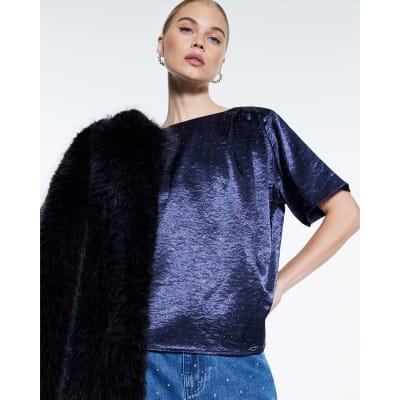 Blue Satin Diamante Short Sleeve T-shirt