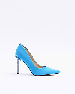 Blue satin embellished heeled court shoes