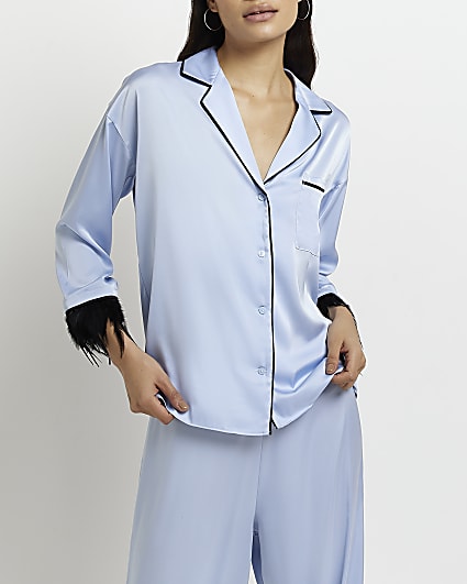 Blue satin feather cuff pyjama top