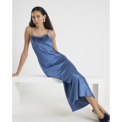 Blue Satin Feather Trim Slip Maxi Dress