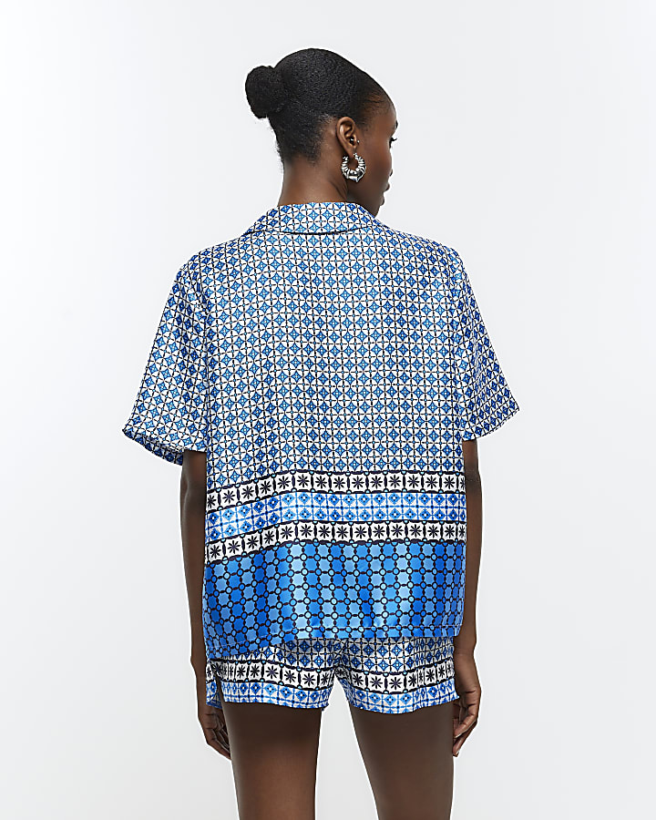 Blue satin geometric print shirt